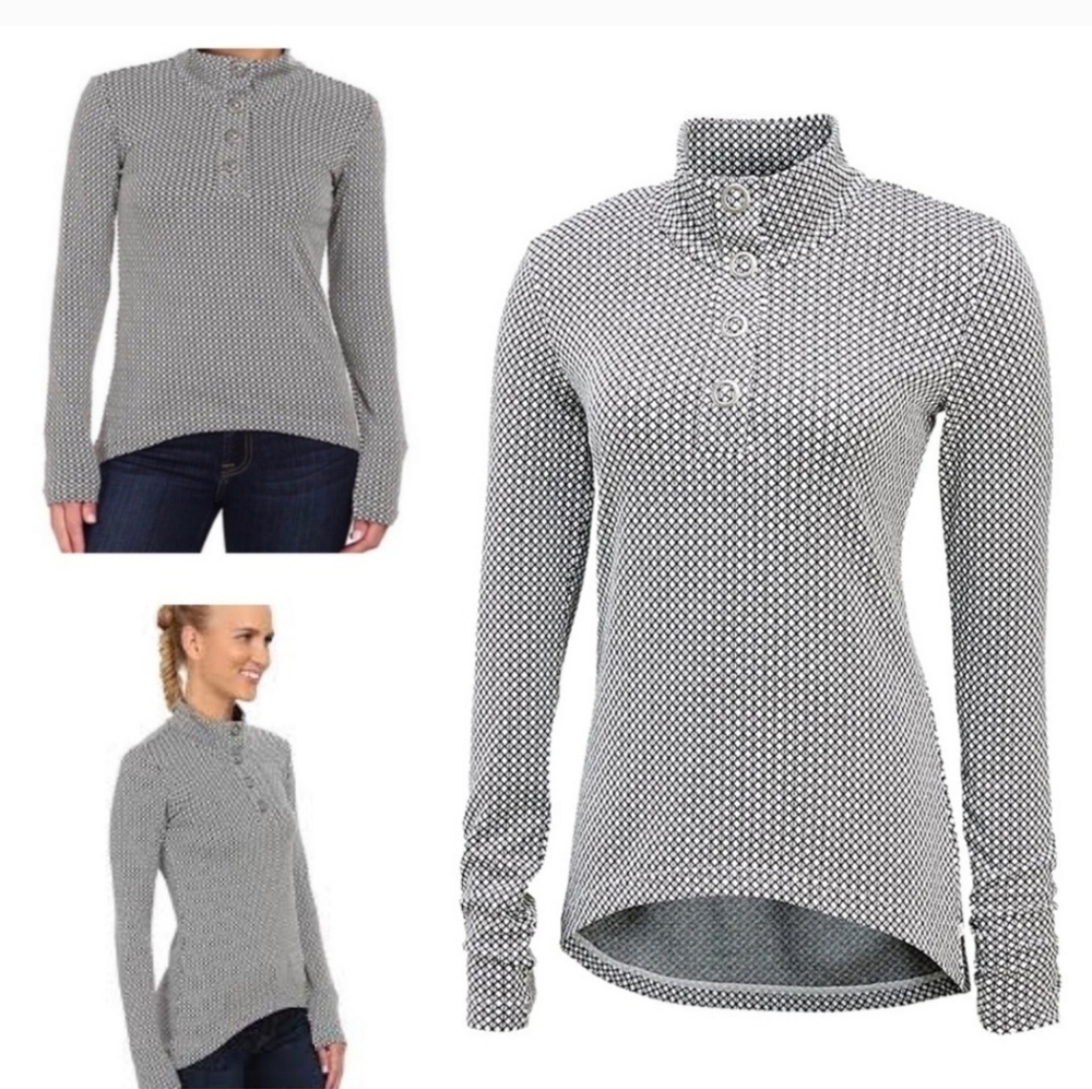 Merrell Indira Snap Placket Knit Geo High Low Hem Pullover Black White